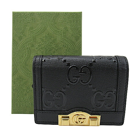 【中古】GUCCI“グッチ” GGエン元締め なめし革 歌留多入れもの ウォレット ショートウォレット 二つ折り紙入れ ゴールド金具 676150 黒いこと【鹿児島店】