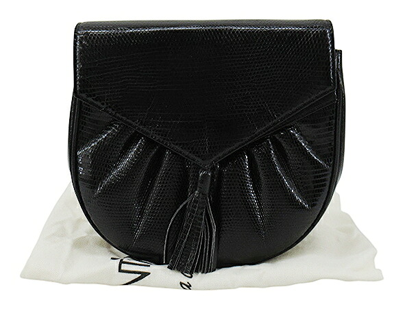 【中古】YVES SAINT LAURENT “イヴサンローラン” リザード型押し タッセル ショルダーバッグ ポシェット ポーチ クロスボディ 斜め掛け 肩掛け ヴィンテージ オールド ブラック【鹿児島店】