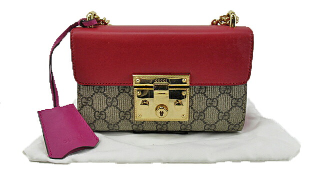 【中古】GUCCI “グッチ” GGスプリーム パドロック スモール チェーンショルダーバッグ クロスボディ 斜め掛け 肩掛け 409487 ベージュ系 レッド ピンク系【鹿児島店】