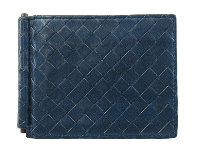 【中古】BOTTEGA VENETA &ldquo;ボッデガ・ヴェネタ&rdquo; イントレチャート マネークリップ カードケース 二つ折り財布 ショートウォレット レザー 390877 ネイビー【鹿児島店】｜FIVE MALL