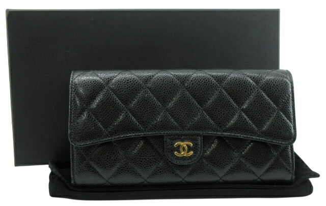 【中古】CHANEL “シャネル” マトラッセ キャビアスキン クラシック ロング フラップウォレット 長財布 ゴールド金具 A80758 ブラック【鹿児島店】