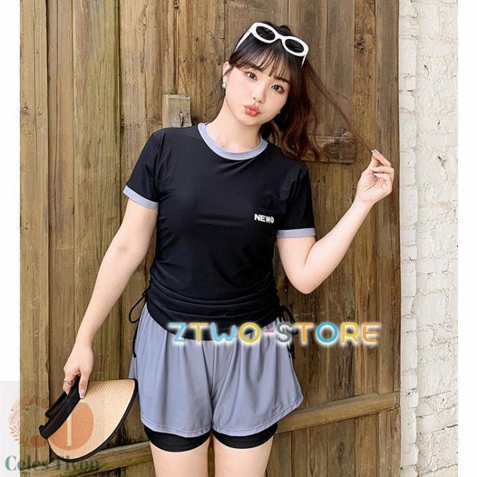 水着レディース 体型カバー 大きいサイズ 3L 4L 5L 6L フィットネス水着 女性 セパレート ラッシュガード Tシャツ 半袖 2点セット ロゴ
