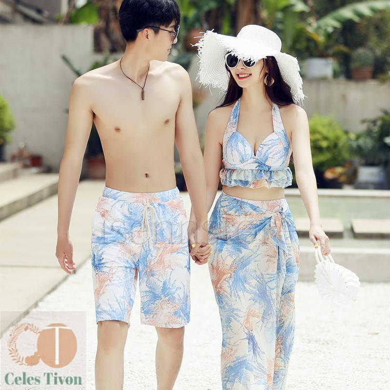 レディース メンズ カップル水着 ペア水着 花柄 水着 カップル ペアルックタオル付き バンドゥビキニ 可愛い 男性用 サーフパンツ 4点セット|お宝ある