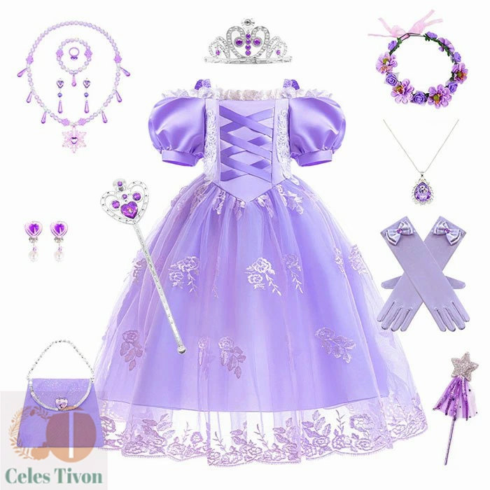 プリンセスドレス 子供ドレス キッズ 紫 姫様ドレス ハロウィン コスプレ 衣装 リトルプリンセス コスチューム 仮装 ワンピース 入園式 卒園式 パーティー 発表会 誕生日 祝い クリスマス プレゼント お姫様 セット 100 110 120 130 140 150cm