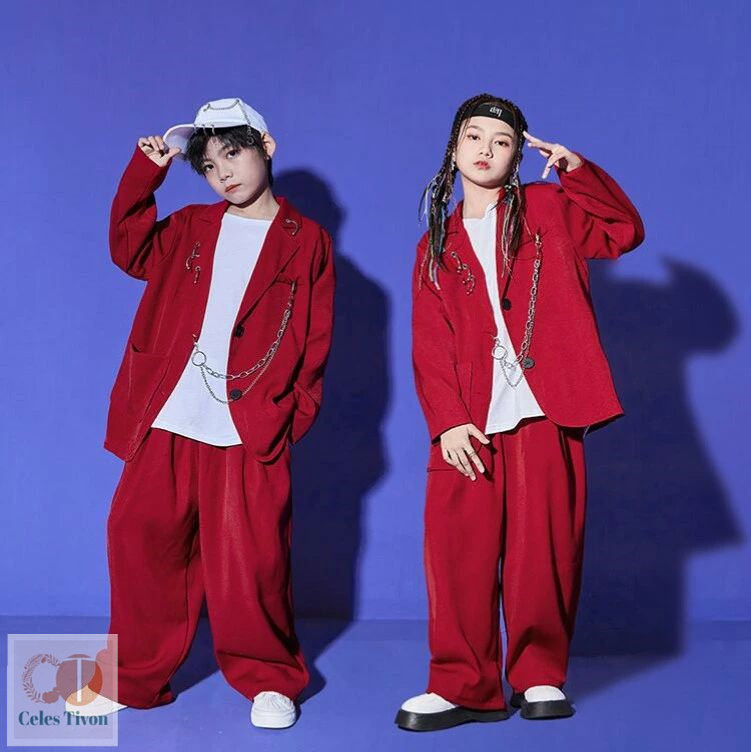 子供服 スーツセットアップ キッズ ダンス衣装 ヒップホップ ジャケット スーツパンツ 長袖 女の子 男の子 ジャズダンス衣装 ステージ衣装 おしゃれ 上下セット ゆったり 男女兼用 応援団 チアダンス 体操服 HIPHOP JAZZ 発表会 演出服 レッド
