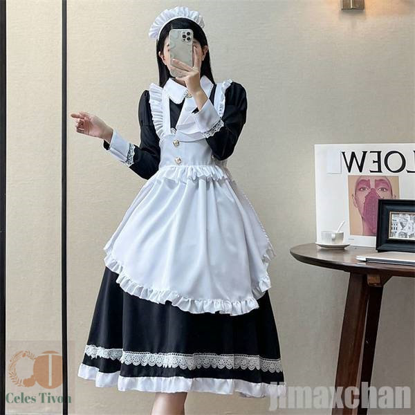 新生活 メイド服 lolita ロリータ ワンピース コスチューム 飾り付き エプロン 髪飾り リボン レース 紐 文化祭 学園祭 メイドカフェ Lolita 長袖 ロング コスプレ衣装 アニメ 可愛い