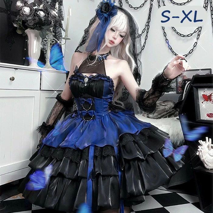 衣装 ロリータ Lolita 黒いこと×青色 ハロウィン 妃殿下 S-XL 今めかしい コスプレ 寄りあい 差し上げ物 レディース お召しもの S M L XL