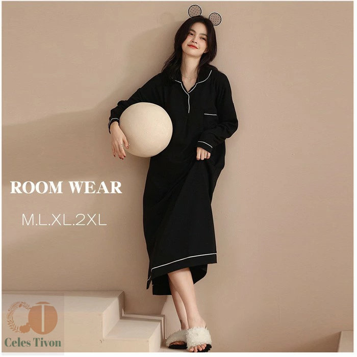 ルームウェア レディース パジャマ かわいい ワンピース パット付き コットン 長袖 黒 大きいサイズ M L XL 2XL 部屋着 寝間着 春 夏 秋 冬 女性 ぽっちゃり お家時間 ゆったり リラックス 誕生日 ギフト プレゼント ブラック