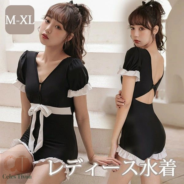 ワンピース水着 服みたいな リボン 水着 レディース 半袖 ワイヤーなし パッド付 着痩せ シンプル セクシー 写真映え 撮影用 海 夏 サマー プール リゾート かわいい 旅行 温泉 大人 女性用 ジュニア 学生 女の子 ブラック M L XL