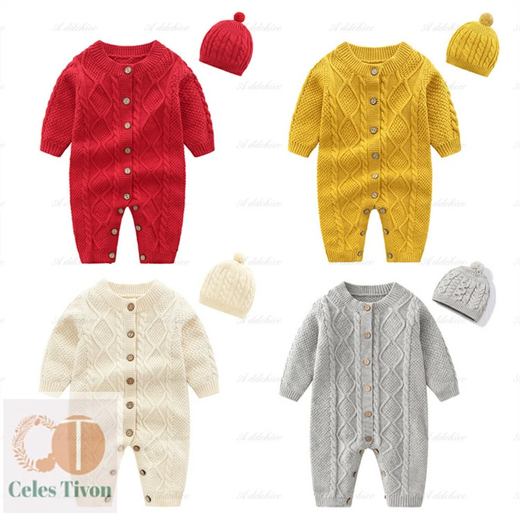 ベビーロンパース ニットロンパース 2Set 帽子 可愛い オールインワン ニット ベビー ベビー服 子供服 女の子 男の子 シンプル コットン 男女兼用 59cm 66cm 73cm 80cm 90cm プレゼント ギフト 出産祝い