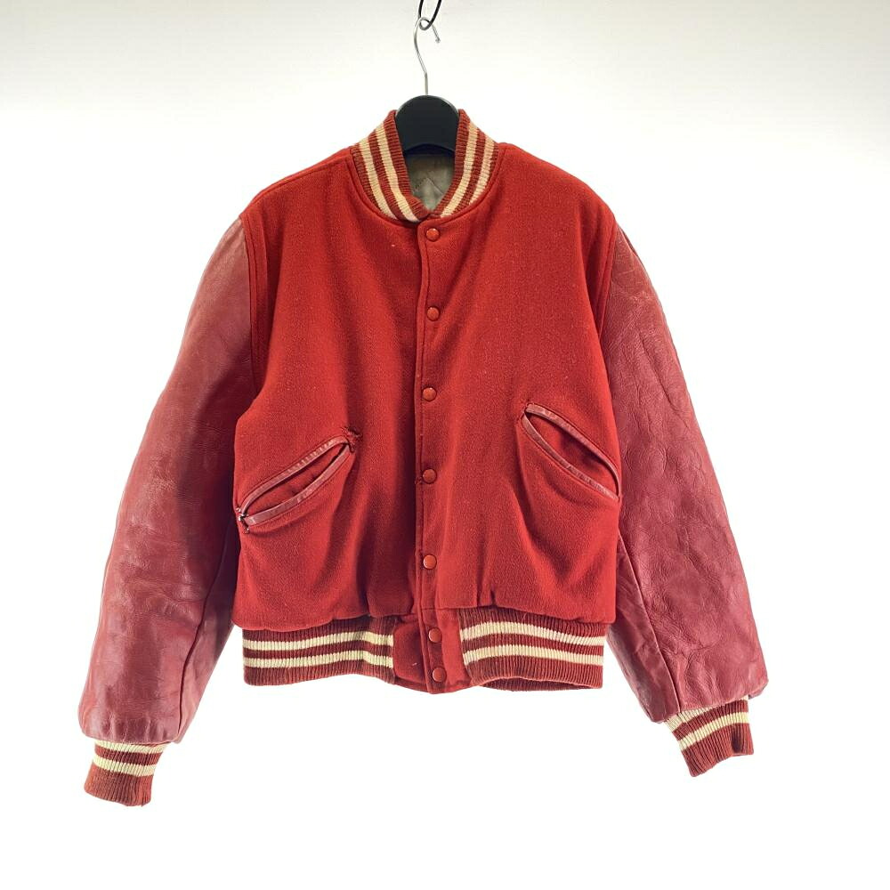 【中古】60s Varsi Jac 袖レザーウールスタジャン サイズ不明 レッド 破れ有[17]