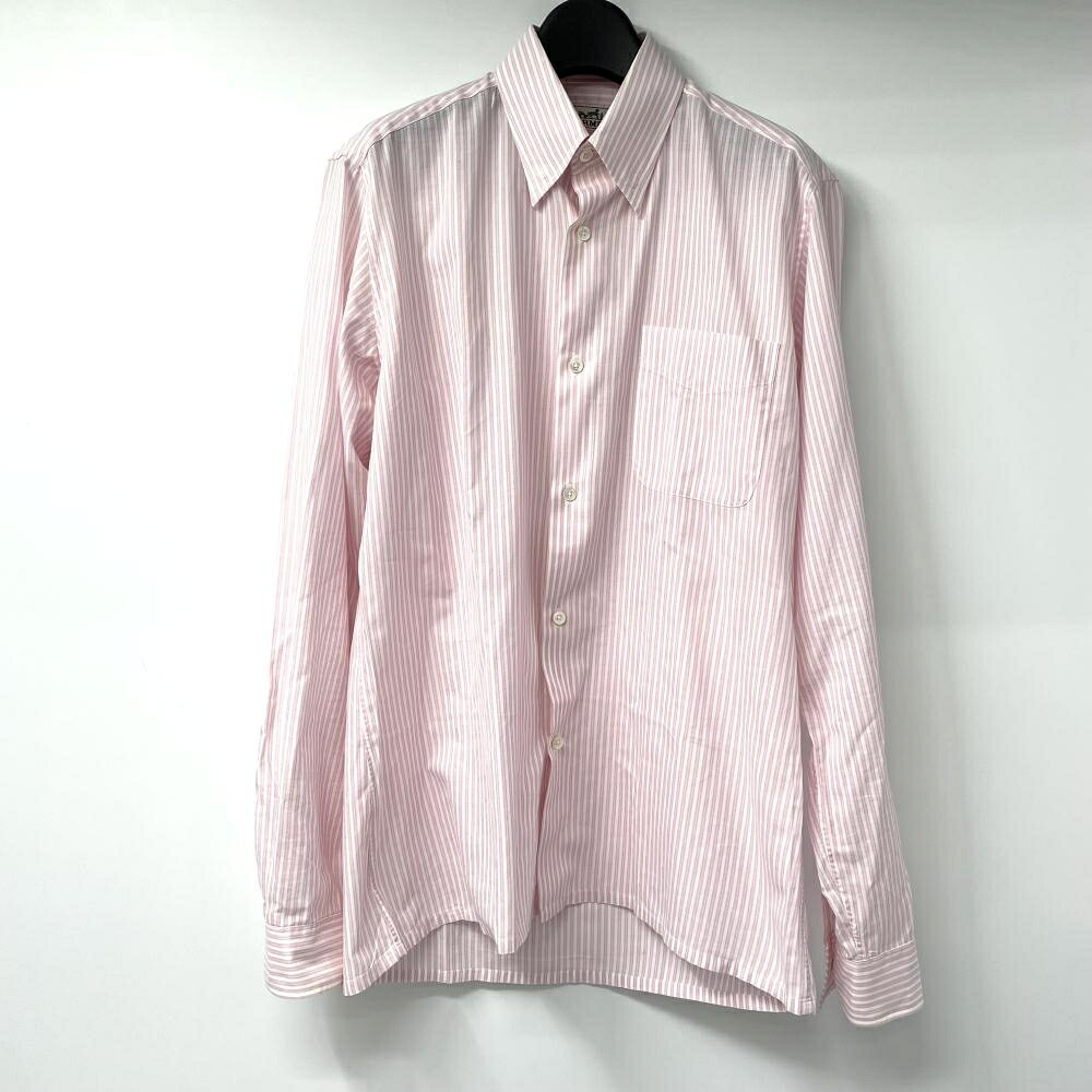 【中古】OLD HERMES 90s ストライプ コットンシャツ ピンク 39-15 1/2 エルメス[17]
