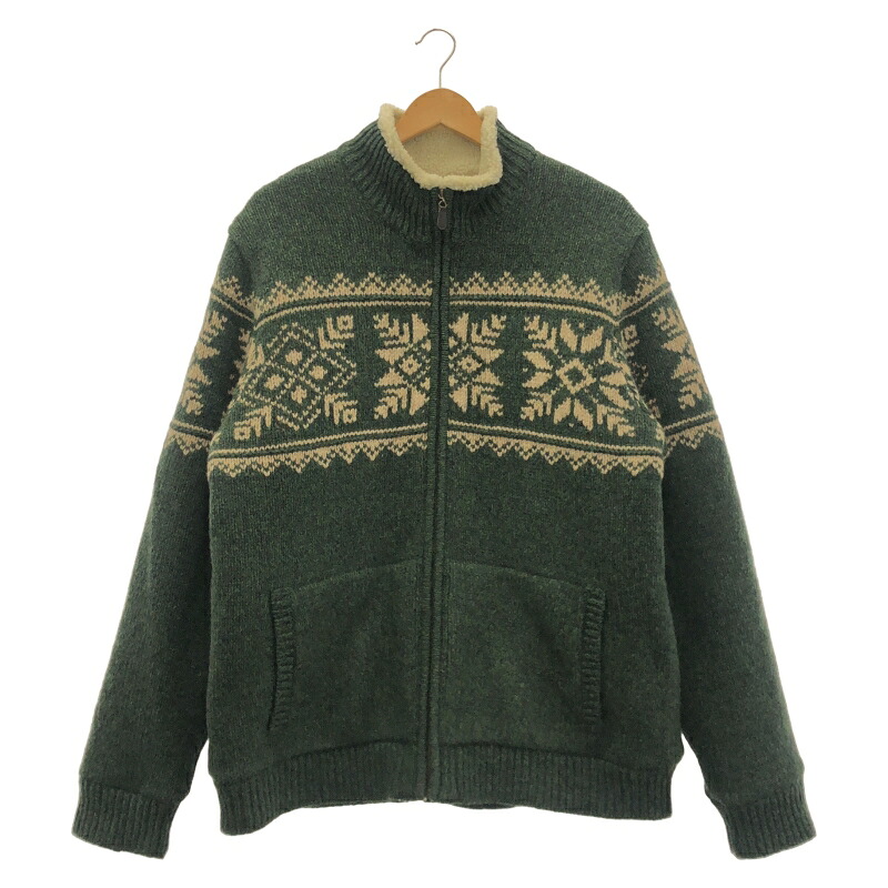 【中古】年寄りのL.L.Bean 毛糸100％ ｶｰﾃﾞｨｶﾞﾝ 裏ﾎﾞｱ 北欧柄 ｸﾞﾘｰﾝ XL[79]