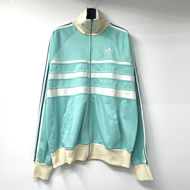 【中古】70-80s adidas ボーダー トラックジャケット サイズL 水色 アディダス[17]
