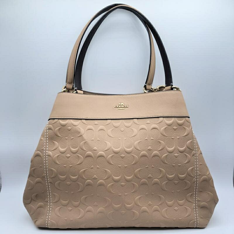 【中古】COACH デボスドシグネチャー トートバッグ サクラ色 コーチ職[17]