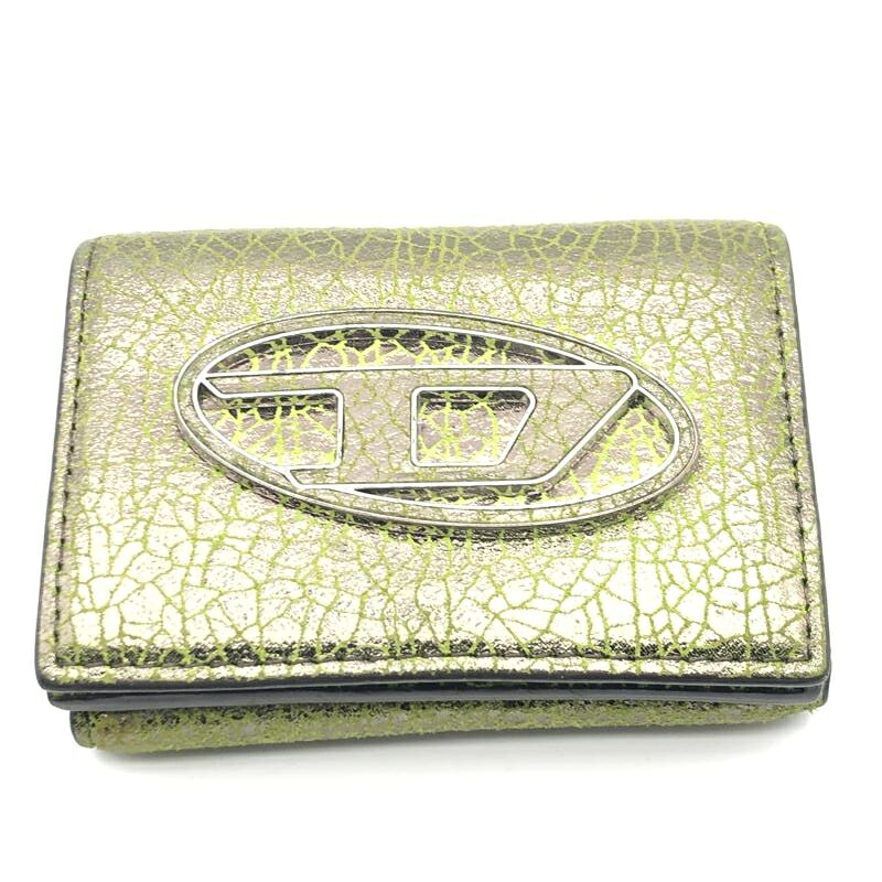 【中古】DIESEL 三つ折り紙入れ 緑 ゴールド ディーゼル[17]