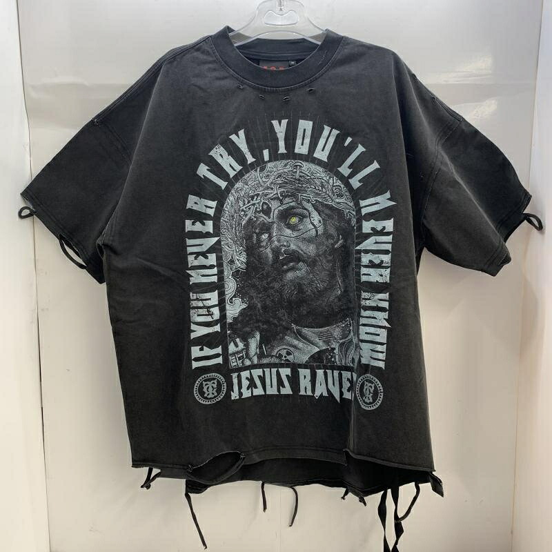 【中古】T.C.R BY TOUCHER JESUS RAVES DISTRESSED S/S TEE 大きさ2 黒いこと[92]