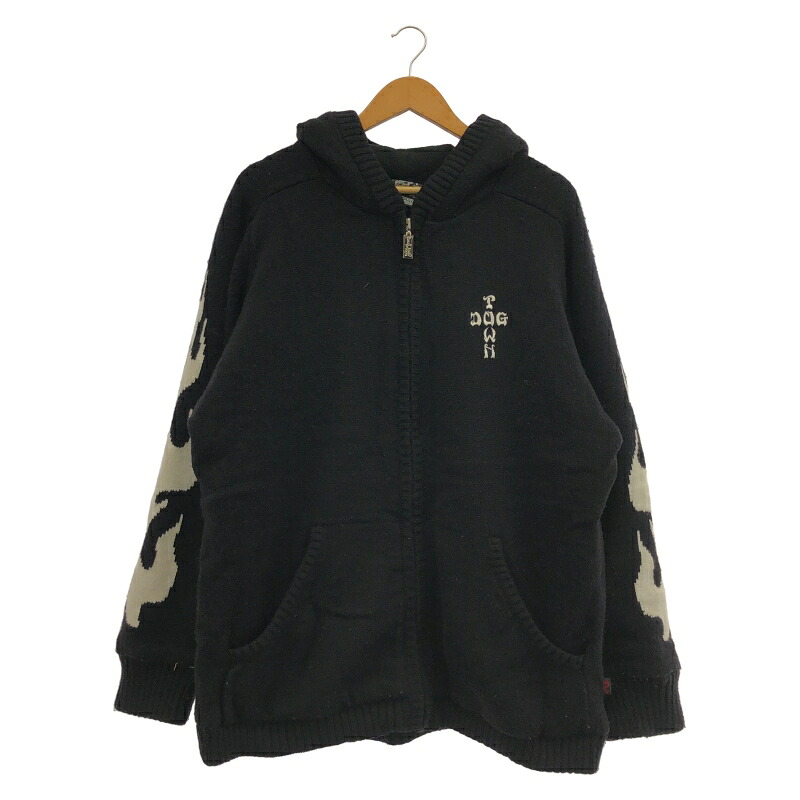 【中古】DOG TOWN ニット ジップアップパーカー サイズXL 黒 黒龍 ドッグタウン[91]