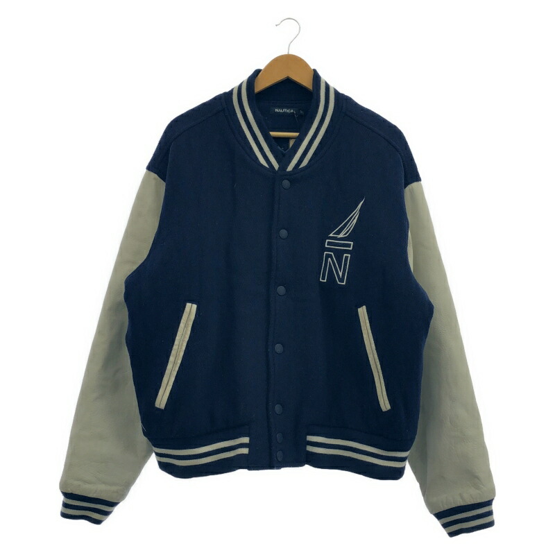 【中古】NAUTICA 刺しゅうロゴスタジャン 袖なめし革 大きさL 青色/白いこと ▲物質の状態思いめぐらす ノーティカ[92]