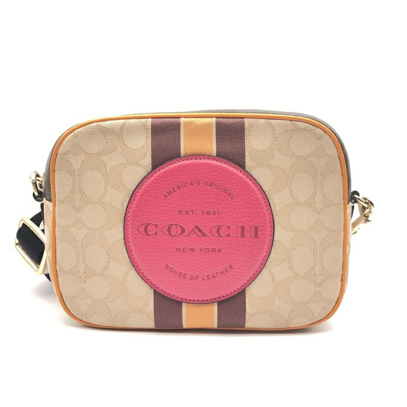 【中古】COACH 1912 DEMPSEY CAMERA BAG IN SIGNATURE JACQUARD WITH STRIPE AND COACH PATCH　ベージュ×ピンク コーチ[17]