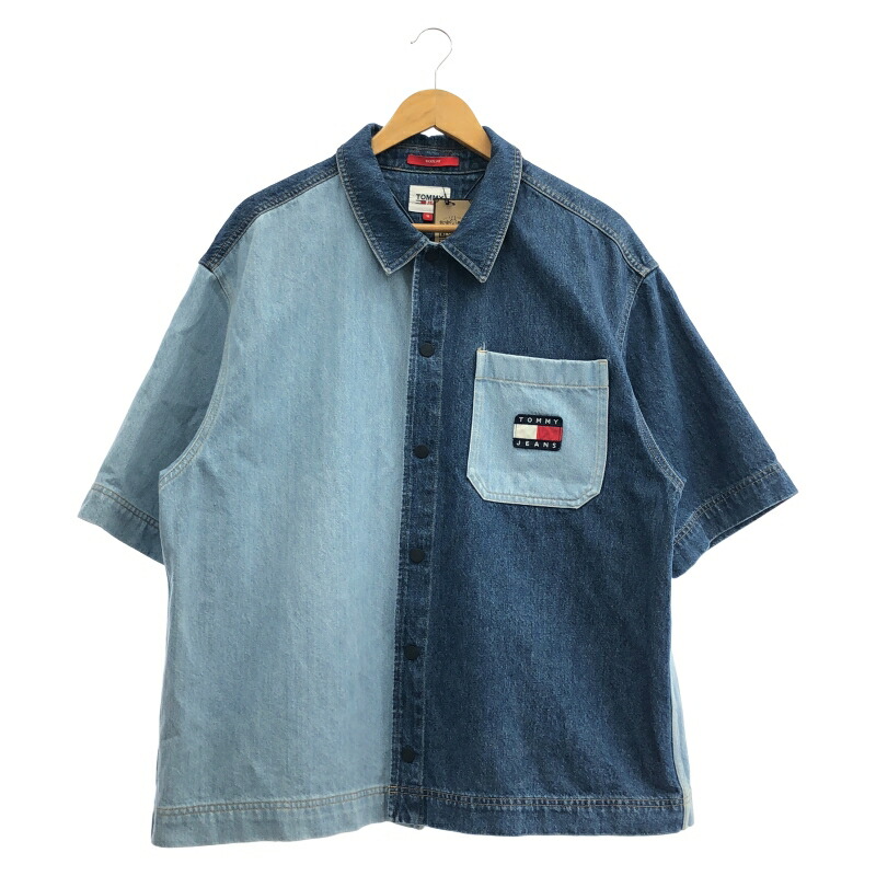 【中古】TOMMY JEANS 半袖デニム切替シャツ サイズM ブルー[91]