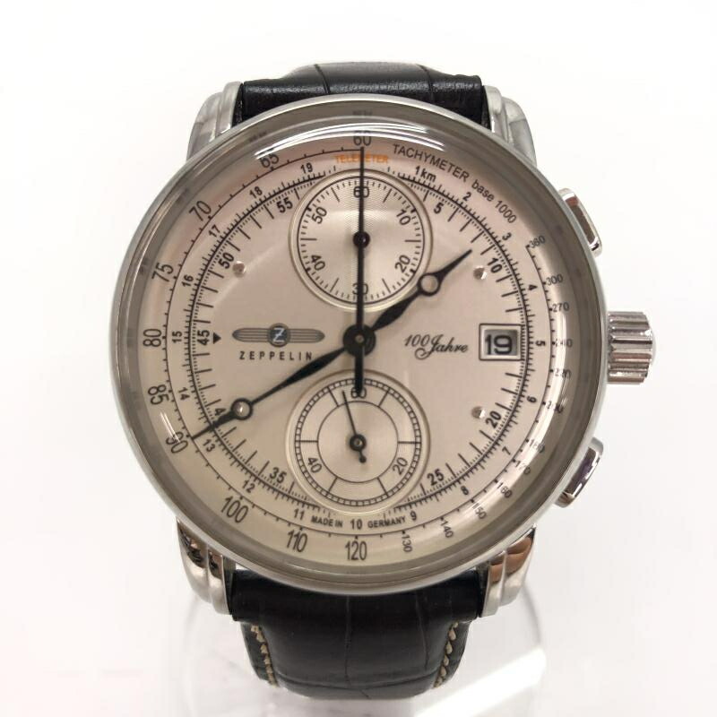 【中古】ZEPPELIN 100周年記念 腕時計 クオーツ 7680-1 クロノグラフ 白 茶 箱なし ツェッペリン[91]