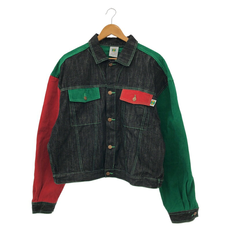 【中古】CROSS COLOURS パッチワーク ジーンズ上衣 大きさXL 黒×緑×赤[91]