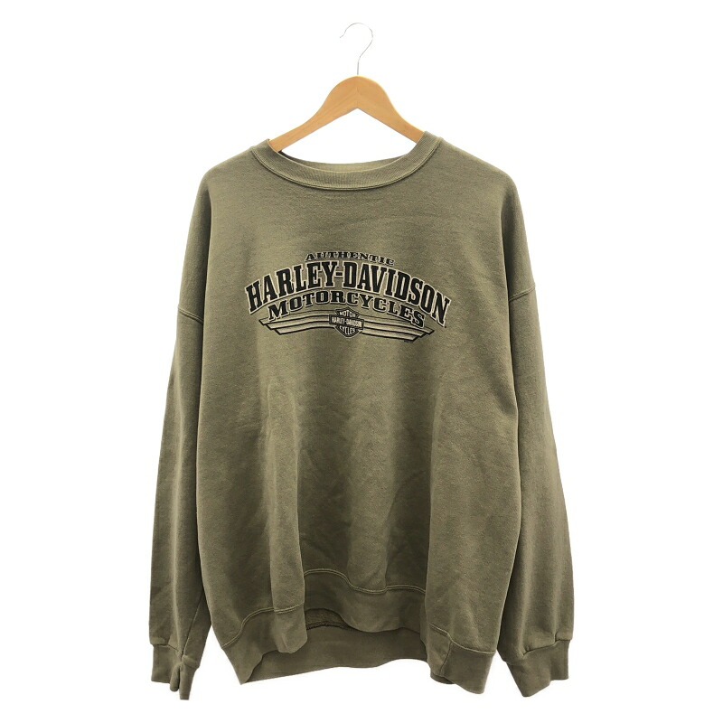 【中古】Harley Davidson ビッグロゴ トレーナー サイズ表記なし カーキ ハーレーダビッドソン[91]