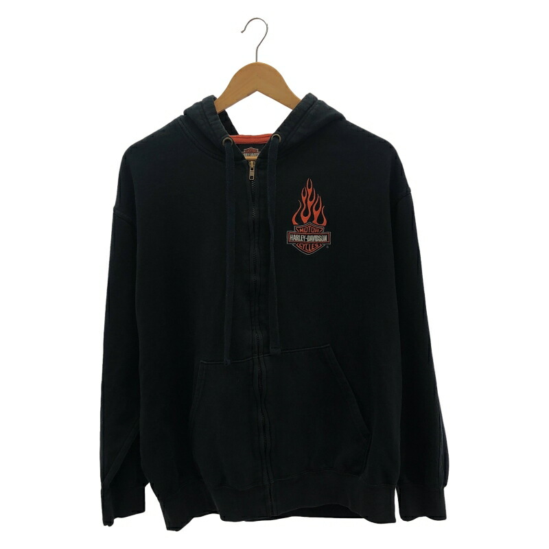 【中古】Harley Davidson ワンポイントロゴ刺・墸 ジップアップパーカー サイズL 黒 ハーレーダビッドソン[91]｜お宝創庫