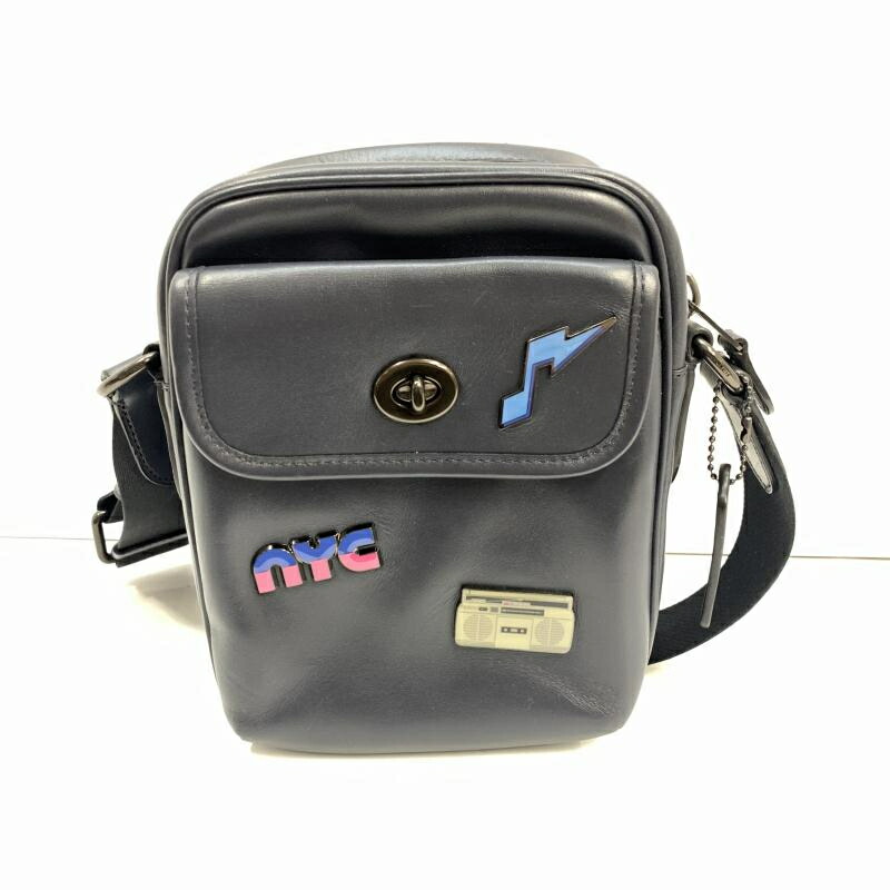 【中古】COACH レザーショルダーバッグ ネイビー コーチ[92]