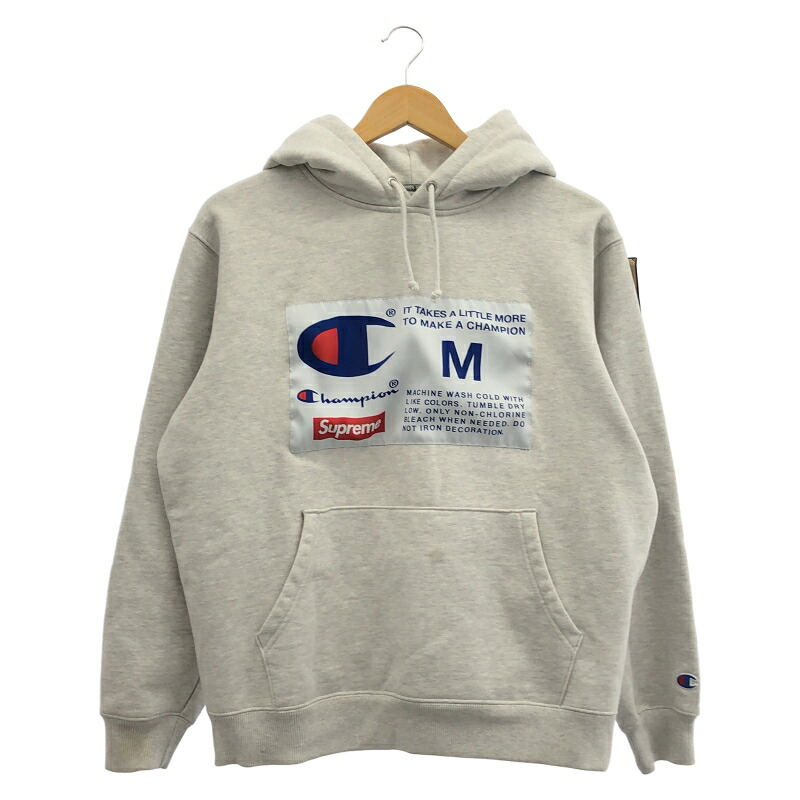 【中古】Supreme×Champion 18AW Label Hooded Sweatshirt サイズM グレー シュプリーム[19]