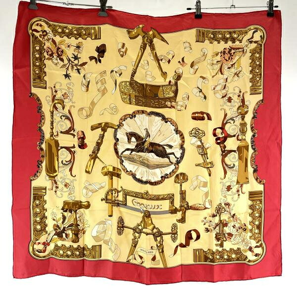 【中古】Hermes シルクスカーフ カレ90 Capeaux イエロー エルメス[17]