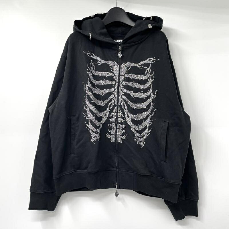 【中古】SUPPLIER Fire Skeleton Rhinestone Zip Hoodie サイズL ブラック ジップパーカー サプライヤー[17]｜お宝創庫