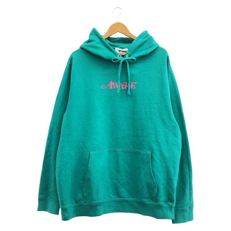 【中古】AWEKE メタリックピンクロゴプリントパーカー 大きさL 緑[91]