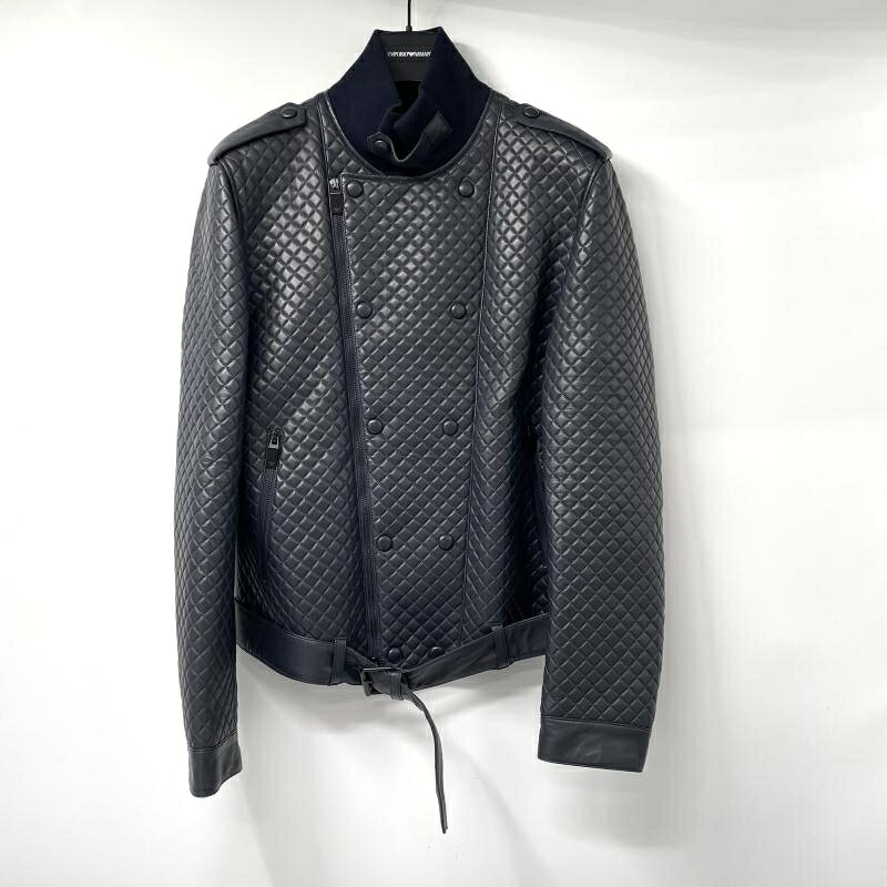 【中古】EMPORIO ARMANI キルティングラムレザーライダースジャケット サイズ54 51R41P 51P41 ネイビー エンポリオアルマーニ[17]