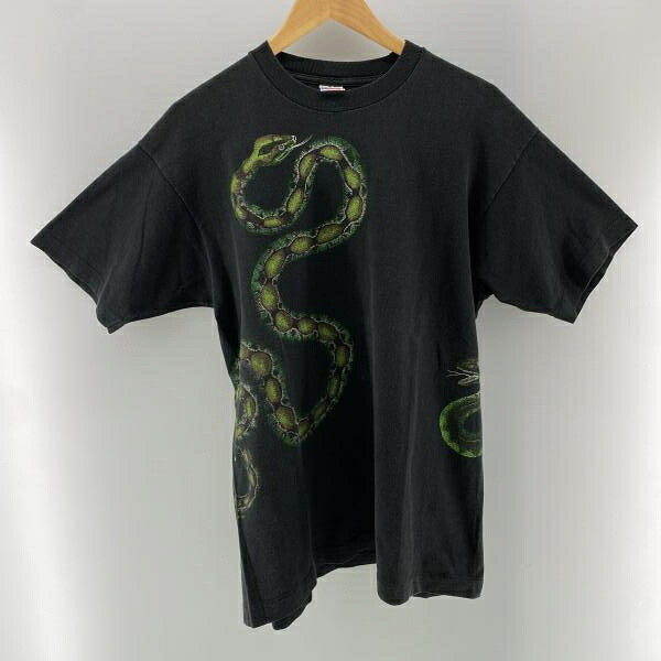 【中古】Hanes 90s USA製 スネークプリント S/S Tee ブラック サイズL ヘインズ[24]