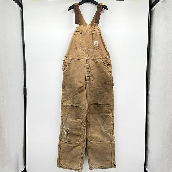 【中古】90-00s Carhartt キルティングライナーダブルニーオーバーオール ベージュ 大いさ38 鉄道車両ハート形[17]
