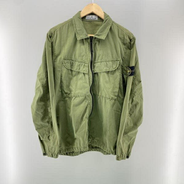 【中古】STONE ISLAND 22AW Brushed Cotton Canvas Zip Overshirt オリーブ L ストーンアイランド[24]