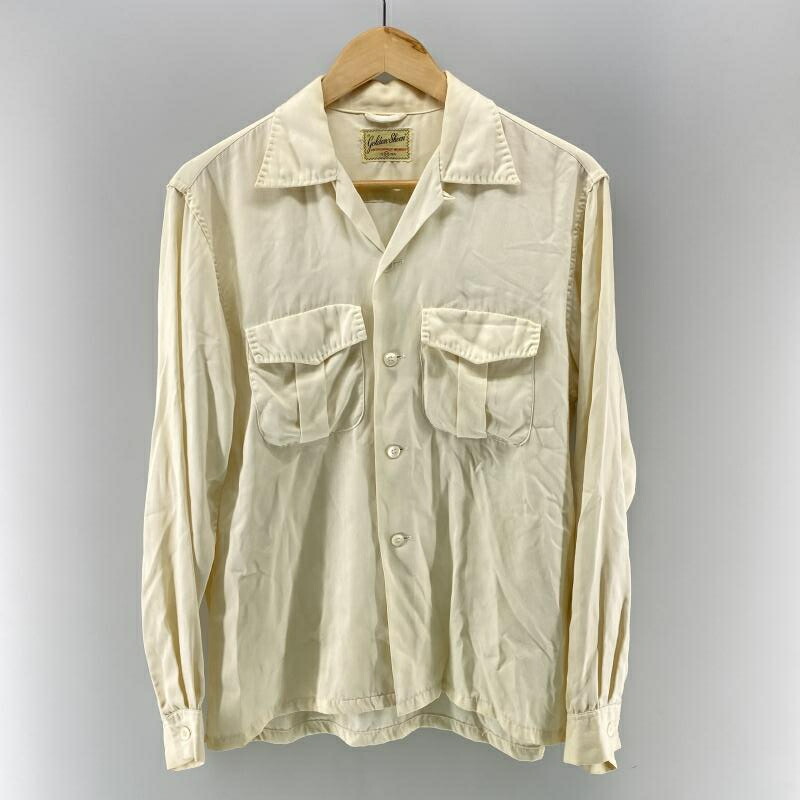 【中古】50s GOLDEN SHEEN 開襟 レーヨンギャバジンシャツ L/S 象牙色 M ゴールデン一こま[24]