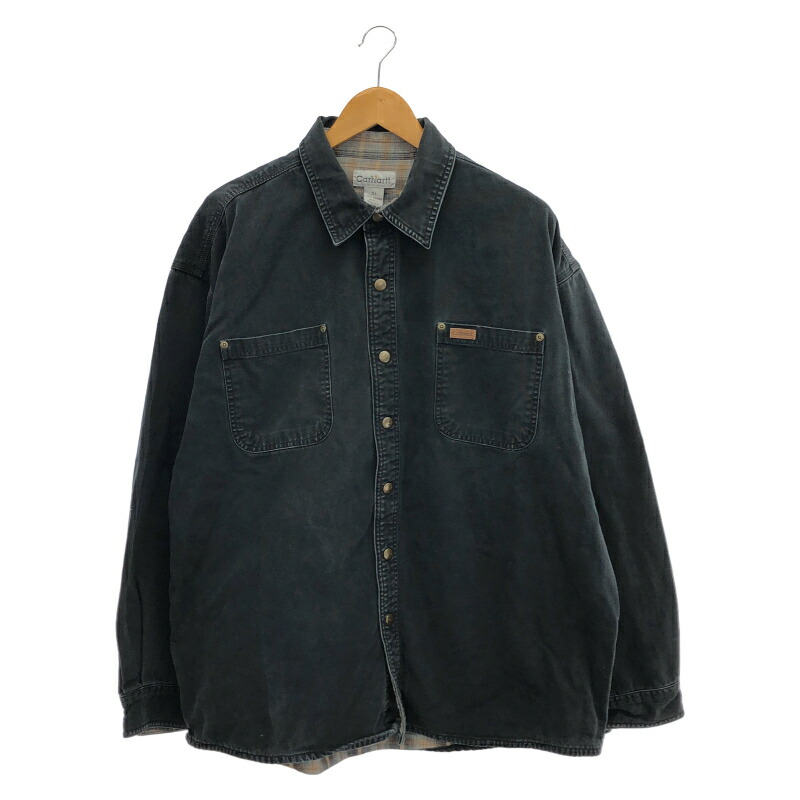 【中古】OLD Carhartt ダックシャツ XL 黒いこと 鉄道車両ハート型 細工物プルオーバー[19]