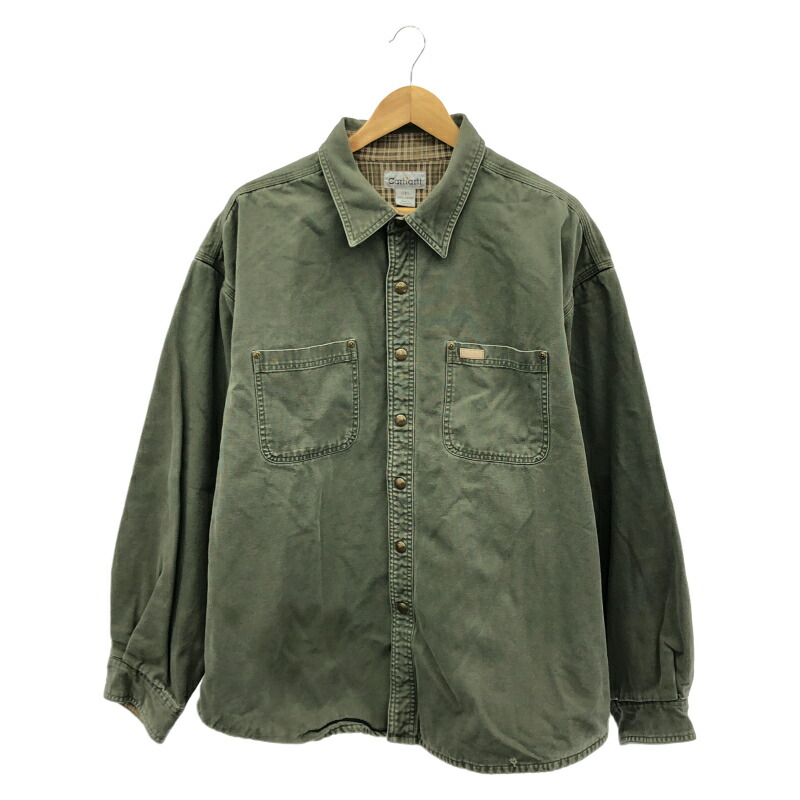 【中古】OLD Carhartt ダックシャツ 2XL 緑であること 鉄道車両ハート型 細工物プルオーバー[19]