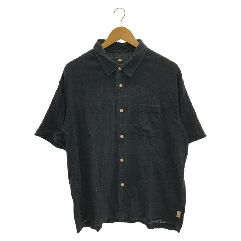 【中古】STUSSY 22SS WRINKLY COTTON GAUZE SHIRT 大きさL 黒いこと  ステューシー リンクリー 綿織物 グンゼ プルオーバー 半袖[17]