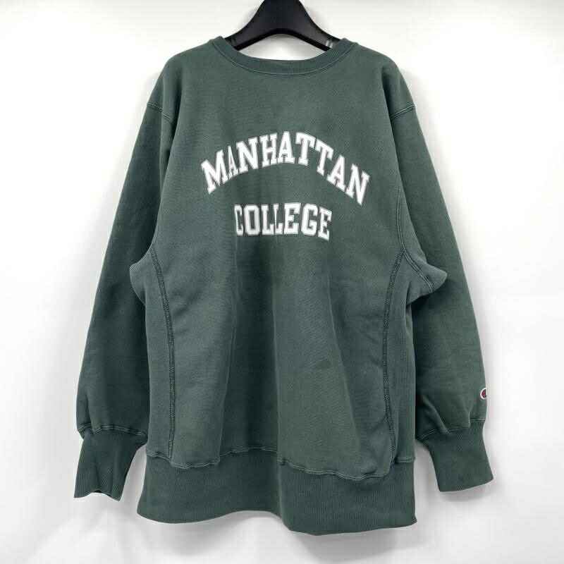 【中古】90s Champion 刺しゅう引き船 MANHATTAN COLLEGE REVERSE WEAVE 大きさXL 緑であること 流汗 調教師 はやりっ子[17]