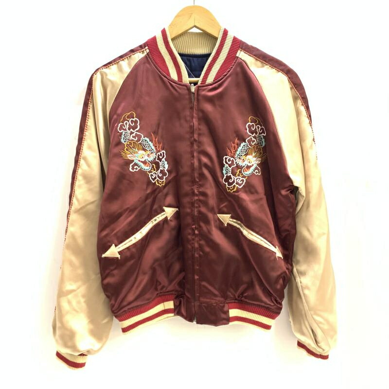 【中古】スカジャン 七福神・虎・龍 リヴァーシブル 赤いこと[92]