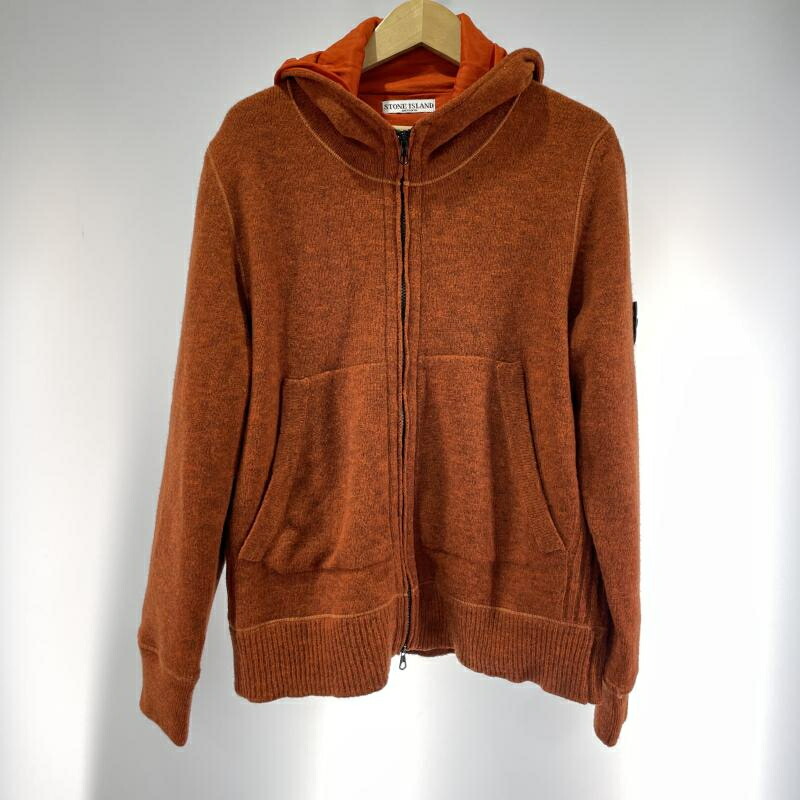 【中古】90-00s STONE ISLAND ニットフーディージャケット 大きさL オレンジ色[19]