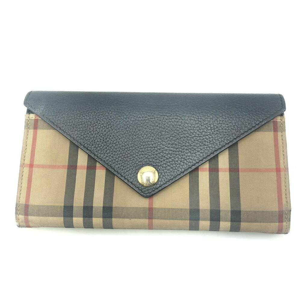 【中古】BURBERRY LONDON ENGLAND ヴィンテージチェック＆レザー コンチネンタルウォレット 8026108 ネイビー ベージュ[17]