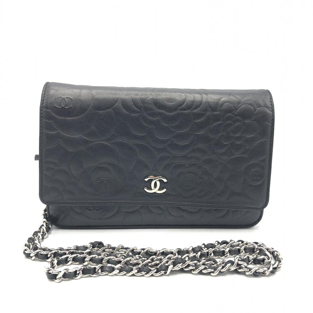 【中古】CHANEL カメリア チェーンウォレット 黒いこと 角スレあり シャネル[17]