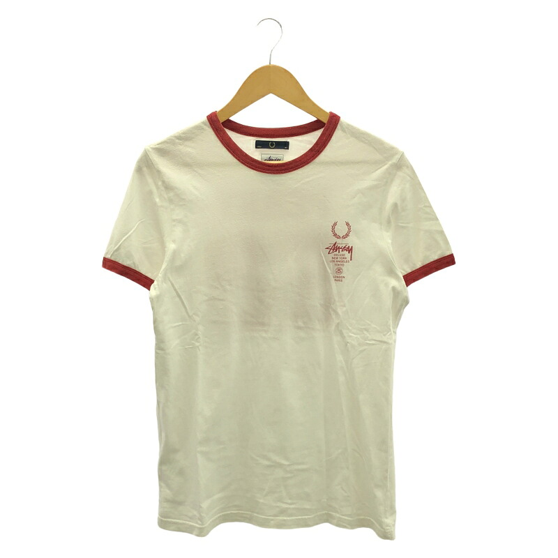 【中古】STUSSY×FRED PERRY ワールドツアーTシャツ サイズ36 ホワイト ステューシー×フレッドペリー[17]