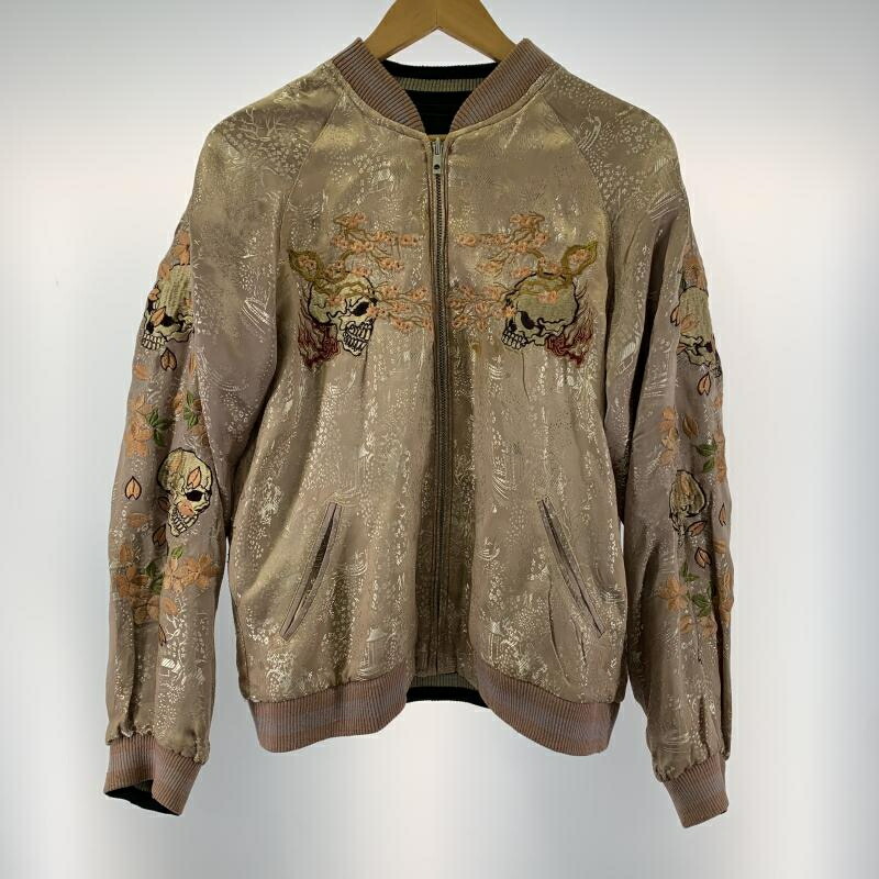 【中古】花旅楽団 桜/骸骨 和柄リバーシブルスカジャン サイズM ピンク/ブラック はなたびがくだん[19]｜お宝創庫