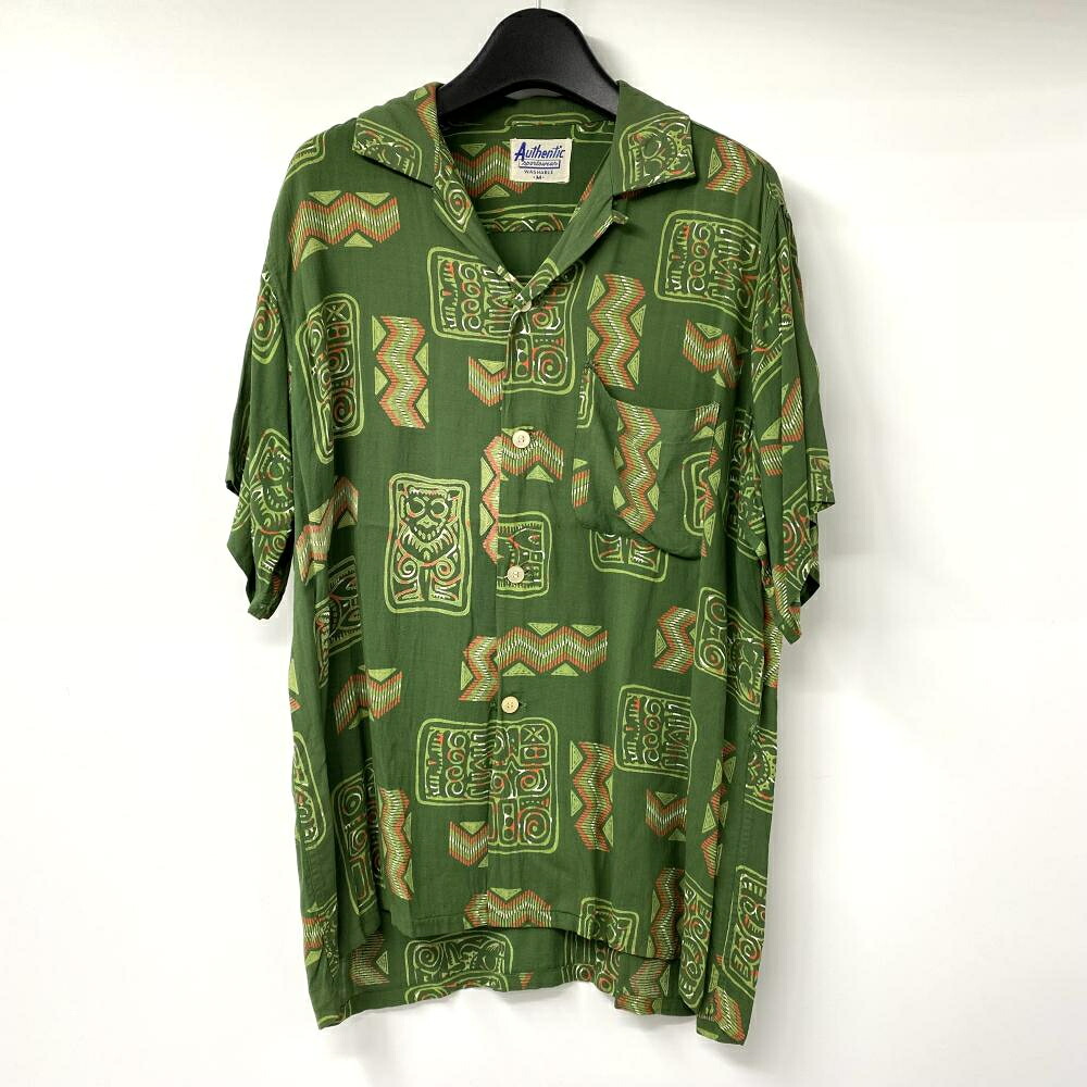 【中古】50s Authentic Sportwear オープンカラーシャツ サイズM グリーン ポケット付け根破れ 第1ボタン部分リペア有[17]